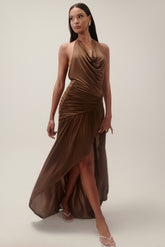 Serenity Ruched Slinky Maxi Dress - Chocolate