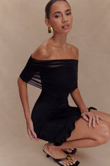 Caspian Slinky And Mesh Off Shoulder Mini Dress - Black