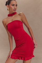 Caspian Slinky And Mesh Off Shoulder Mini Dress - Ruby