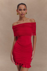 Caspian Slinky And Mesh Off Shoulder Mini Dress - Ruby