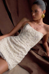 Eva Hand Beaded Pearl & Lace Mini Dress - White