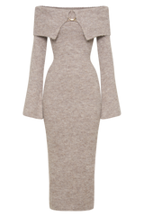 Baxter Off Shoulder Fluffy Knit Midi Dress - Taupe Marle