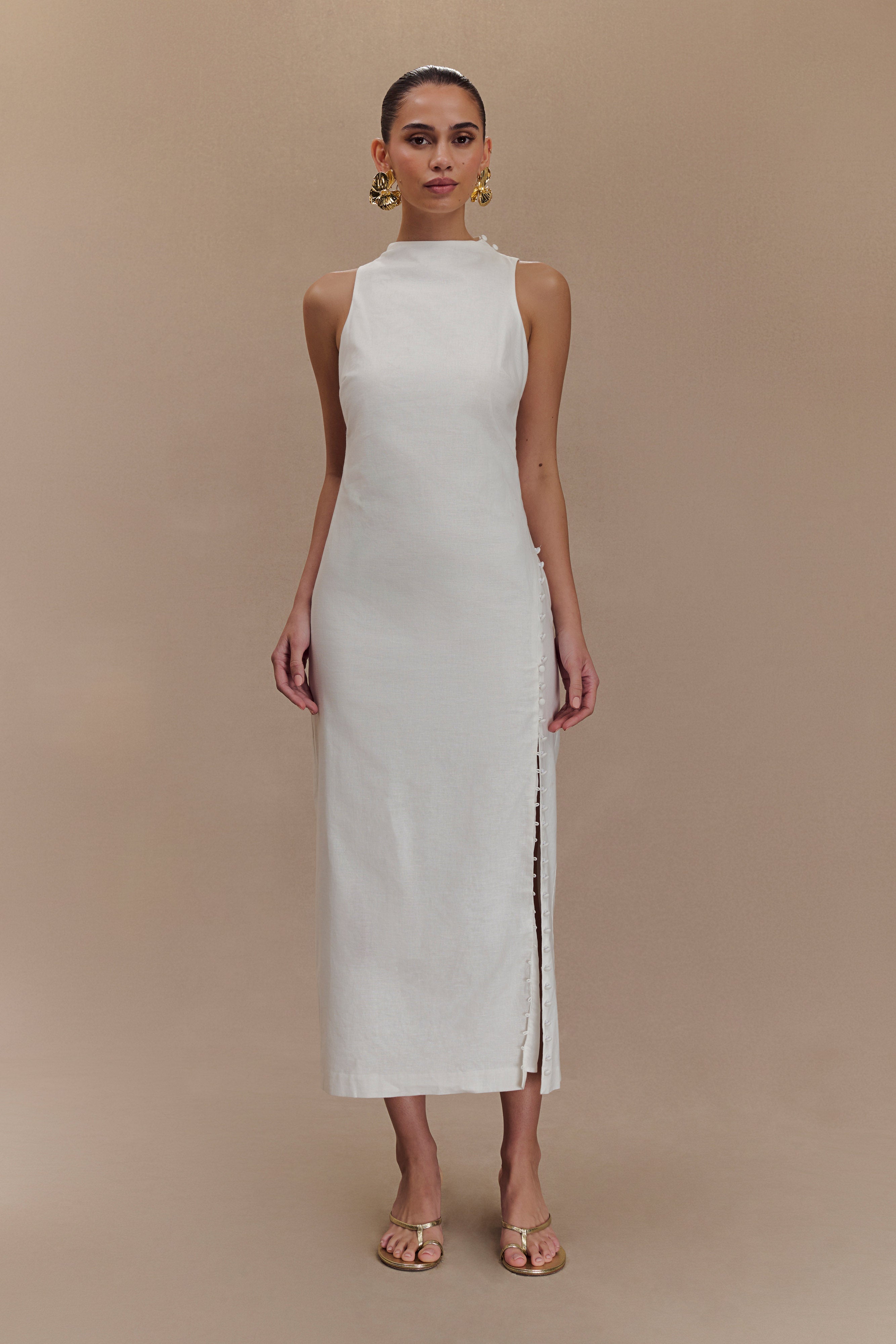 Bronte Linen Button Midi Dress - White