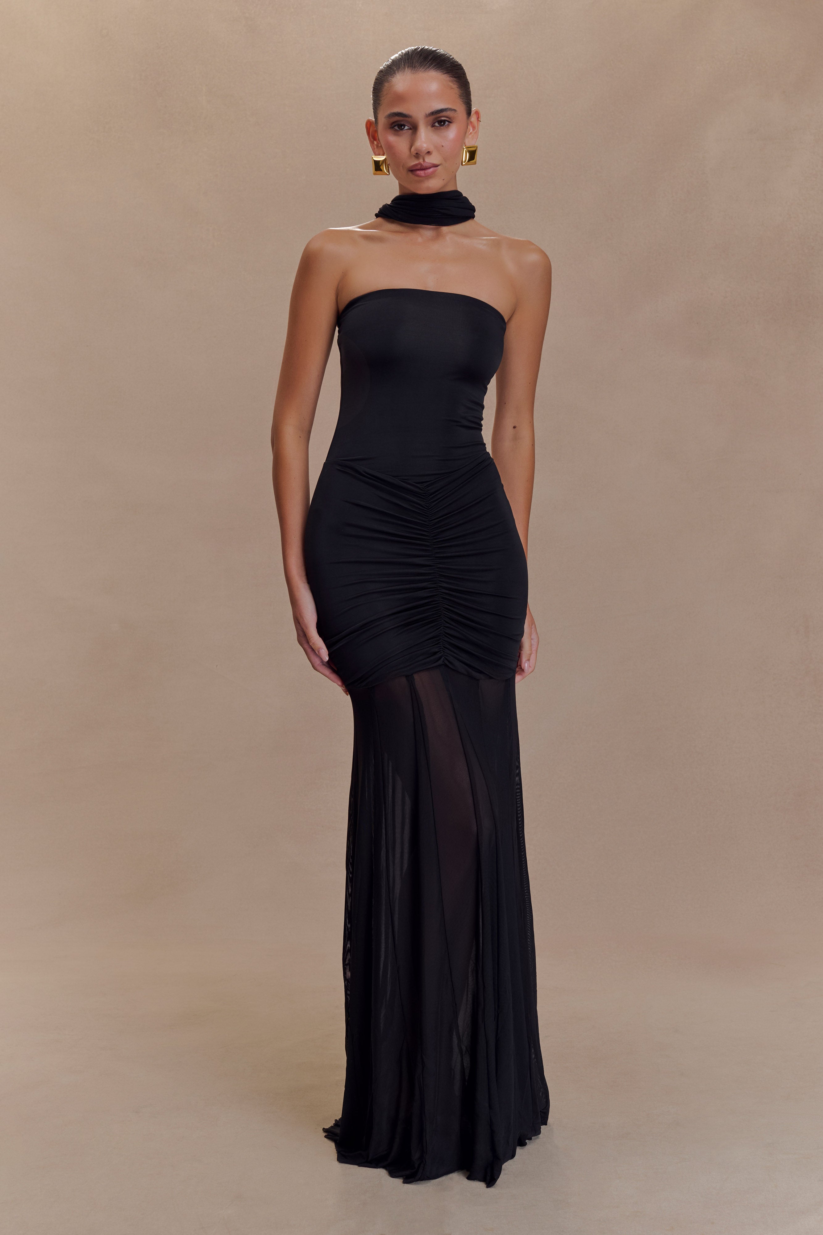 Caspian Slinky And Mesh Off Shoulder Maxi Dress - Black
