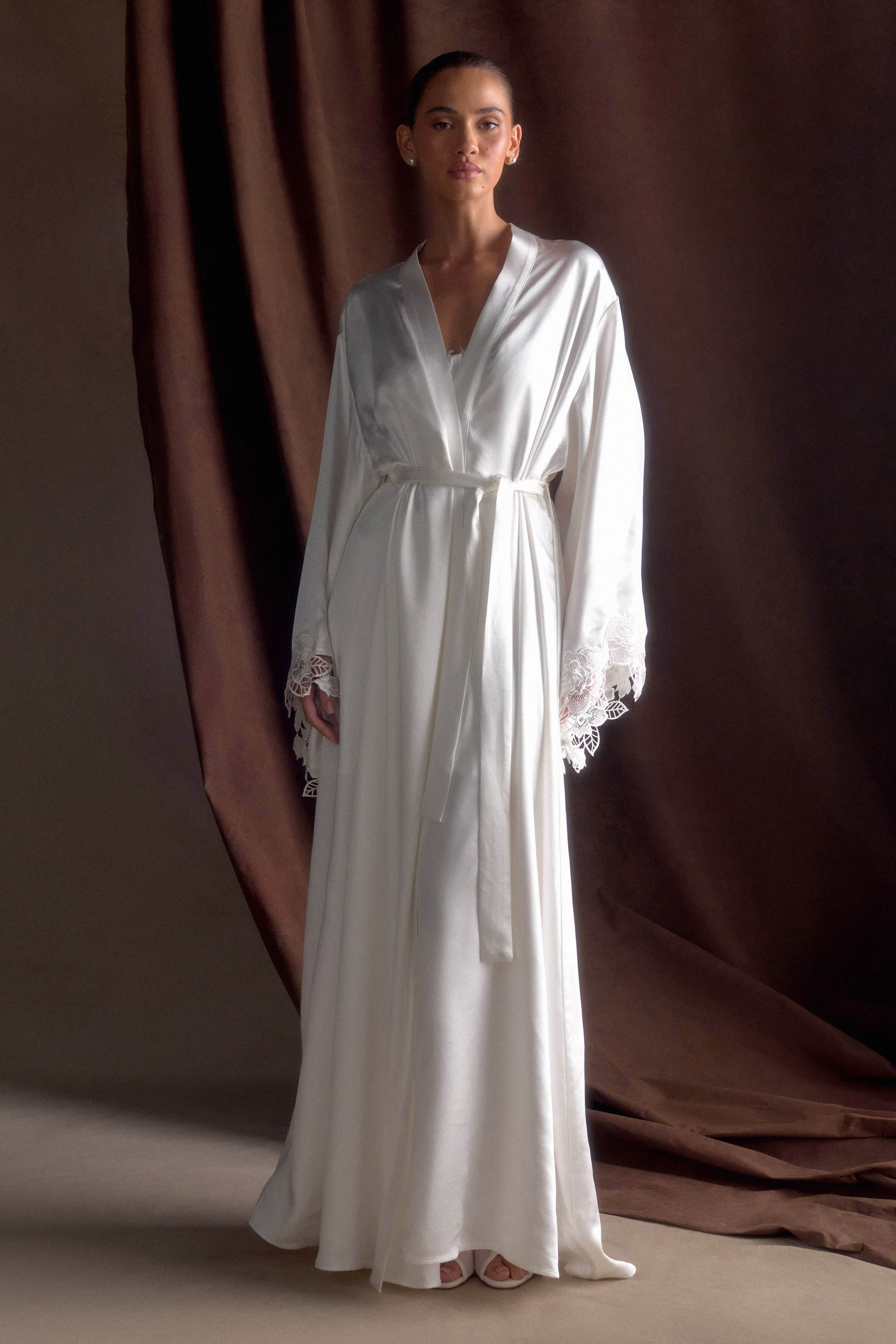 Sullivan Satin Bridal Robe With Lace - Ivory