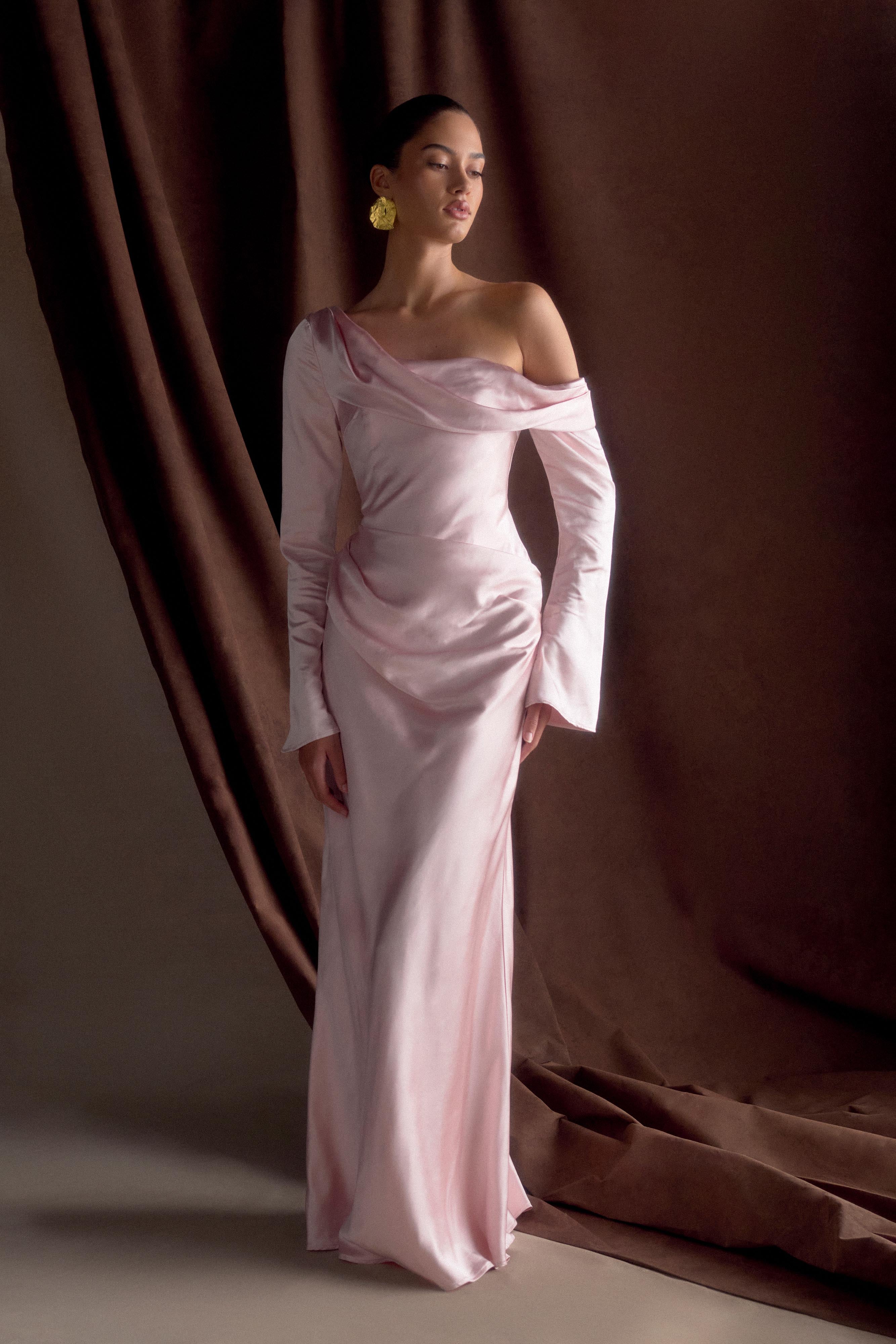 Iris Long Sleeve Satin Maxi Dress - Soft Pink