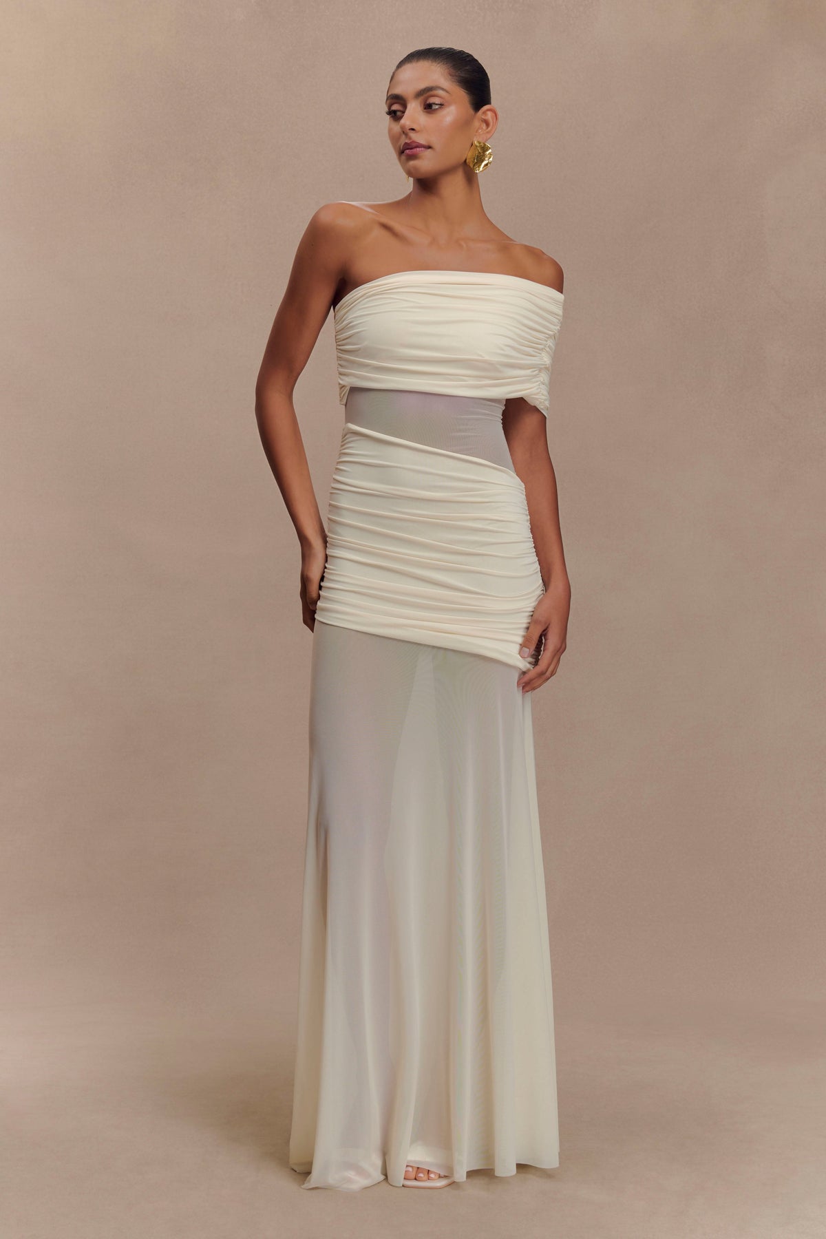 Dallas One Shoulder Mesh Maxi Dress - Ivory