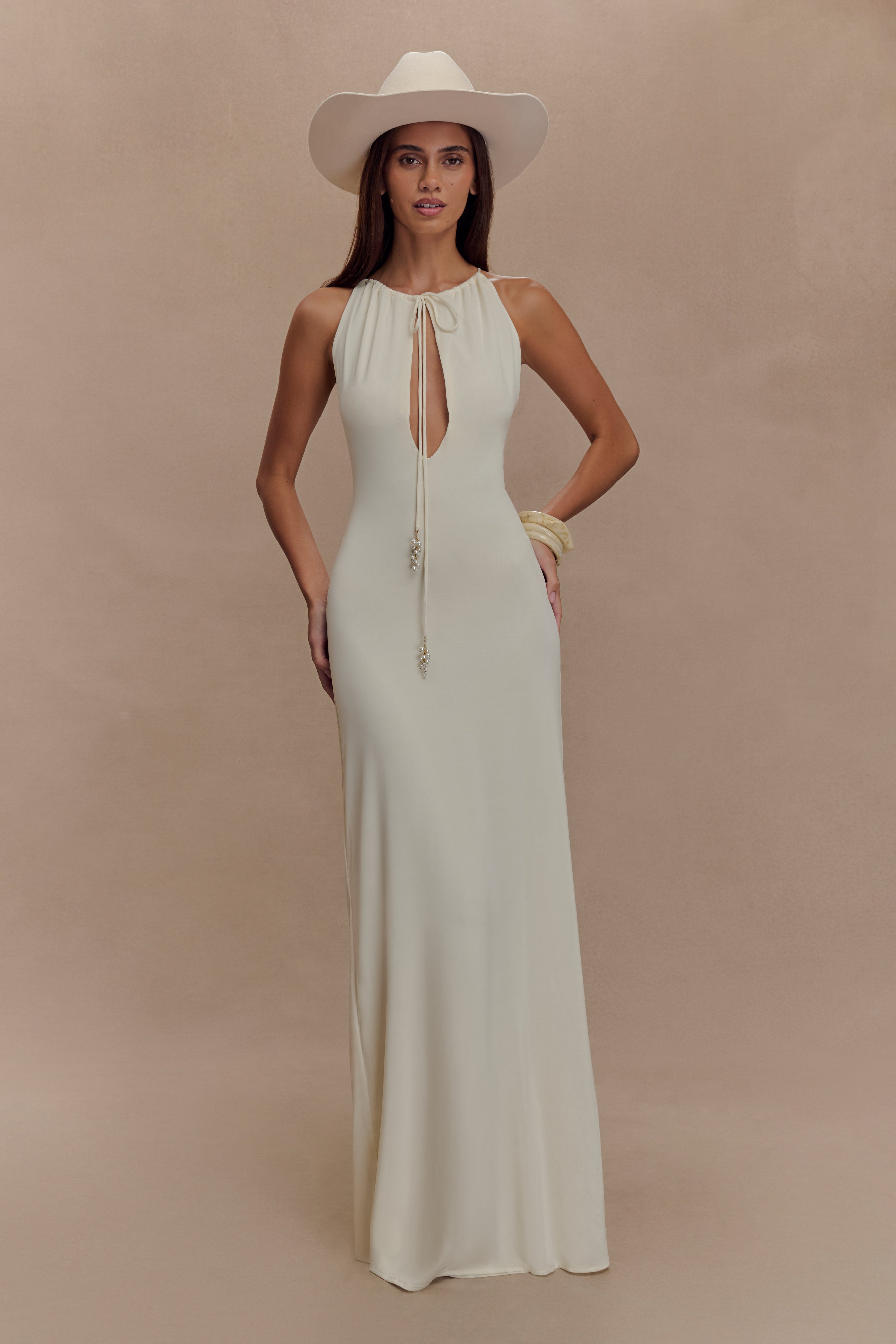 Beryl Slinky Maxi Dress With Pearls - Ivory