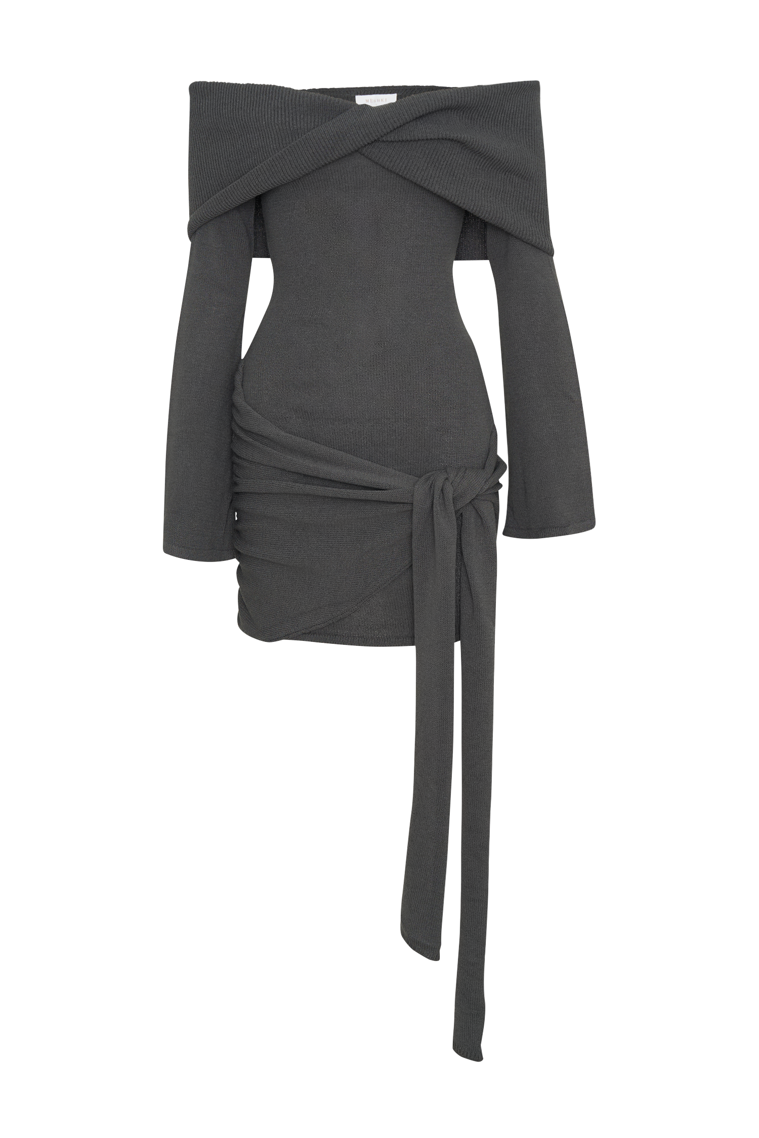 Camryn Off Shoulder Tie Knit Mini Dress - Charcoal