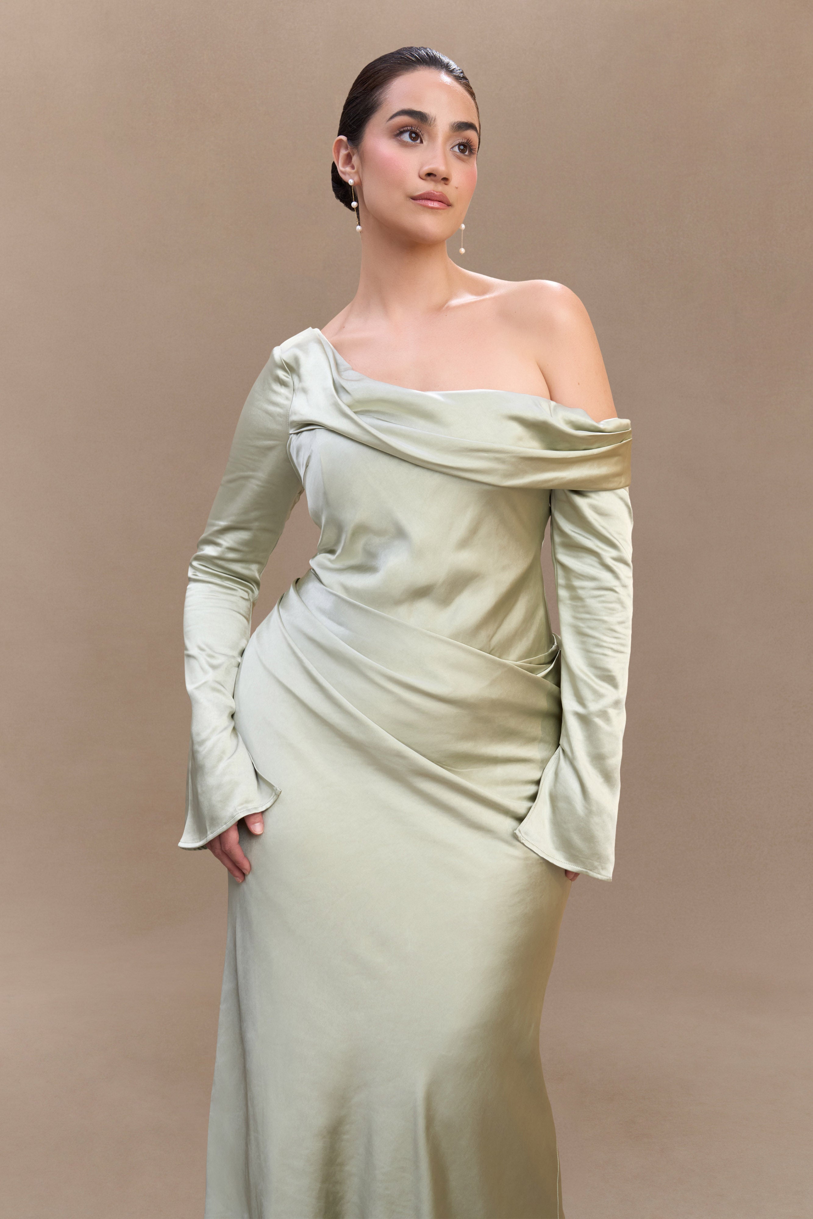 Iris Long Sleeve Satin Maxi Dress - Sage